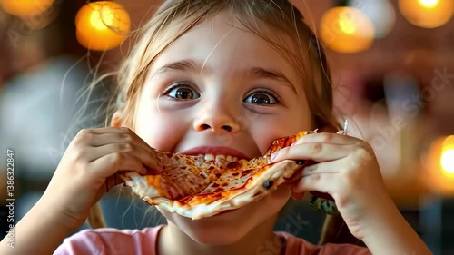 girl eats pizza selective focus