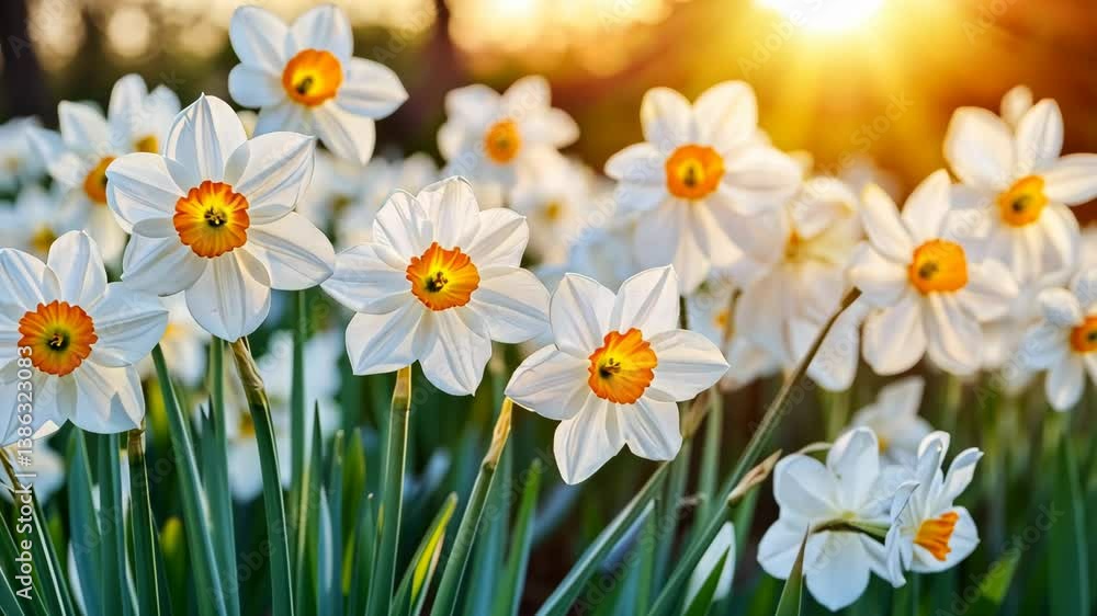 Bright white daffodils blooming in a sunlit garden during springtime with a golden sunset backdrop Bright white daffodils blooming in a sunlit garden during springtime with a golden sunset backdrop