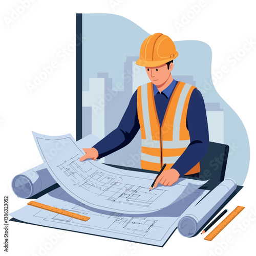 Construction worker in a hard hat studying blueprints with a focused expression in flat vector illustration