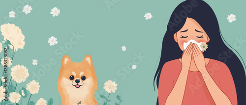 A woman sneezing with flowers in one hand and holding her nose, A Pomeranian dog standing near owner