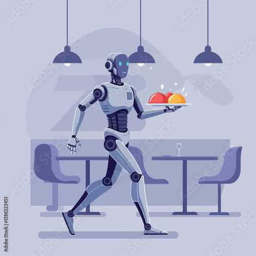 Robot waiter serving food in a modern restaurant with minimal design vector art