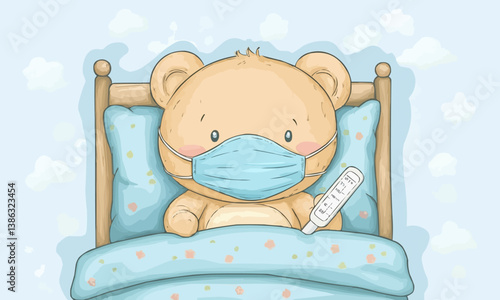 A cartoon baby bear wearing a mask and holding a thermometer while lying in bed, depicted in an isolated image for health and wellness themes
