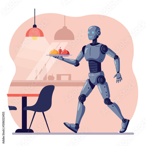 Robot waiter serving food in a modern dining room, flat vector illustration