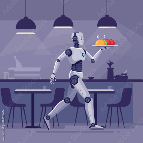 Robot waiter serving food in a modern cafe with a flat design vector illustration