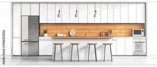 Modern kitchen with island, bar stools, white cabinetry, and appliances.