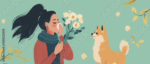 A woman sneezing with flowers in one hand and holding her nose, A Pomeranian dog standing near owner