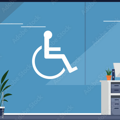 Accessible workspace featuring a wheelchair symbol in minimal flat design vector art