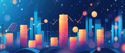 Colorful abstract landscape with hills, glowing cubes, and stars.