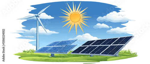 Solar panels and wind turbine under sunny blue sky scene.