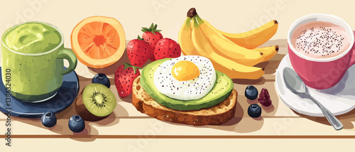 Breakfast spread: avocado toast, fruits, coffee, matcha, and cocoa.