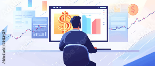 Person analyzing graphs and charts on computer in office.