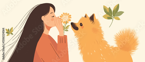 A woman sneezing with flowers in one hand and holding her nose, A Pomeranian dog standing near owner