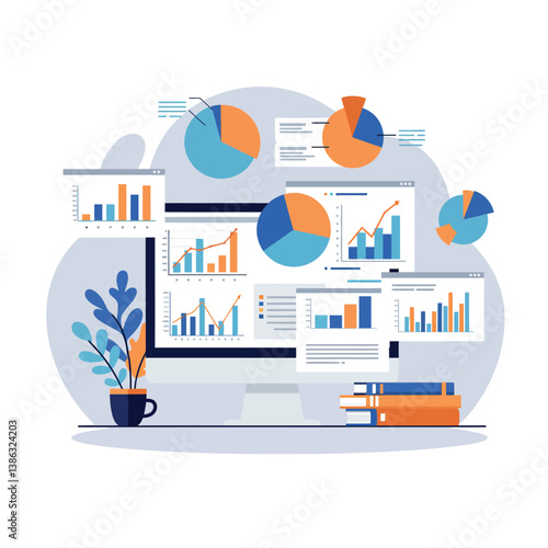 Computer screen displaying colorful graphs and charts in a modern flat design vector illustration