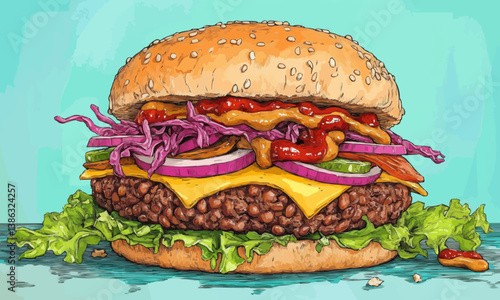 Burger with cheese, lettuce, red onion, and tomato slice.