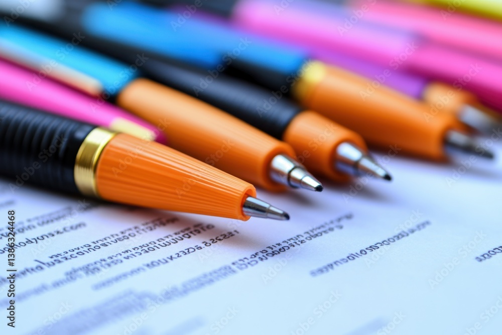Colorful pens and highlighters arranged on a study sheet with notes and highlights illustrating an organized study session taking place indoors Colorful pens and highlighters arranged on a study sheet with notes and highlights illustrating an organized study session taking place indoors