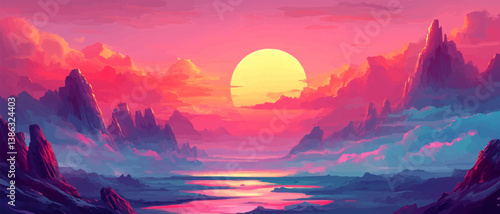 Colorful sunset over a mountainous landscape with tranquil water.