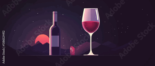 Wine bottle and glass with sunset over mountain landscape silhouette.