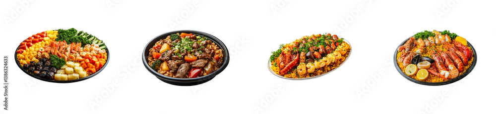 Diverse seafood and meat platters with vegetables and garnishes. Set png cut out Diverse seafood and meat platters with vegetables and garnishes. Set png cut out