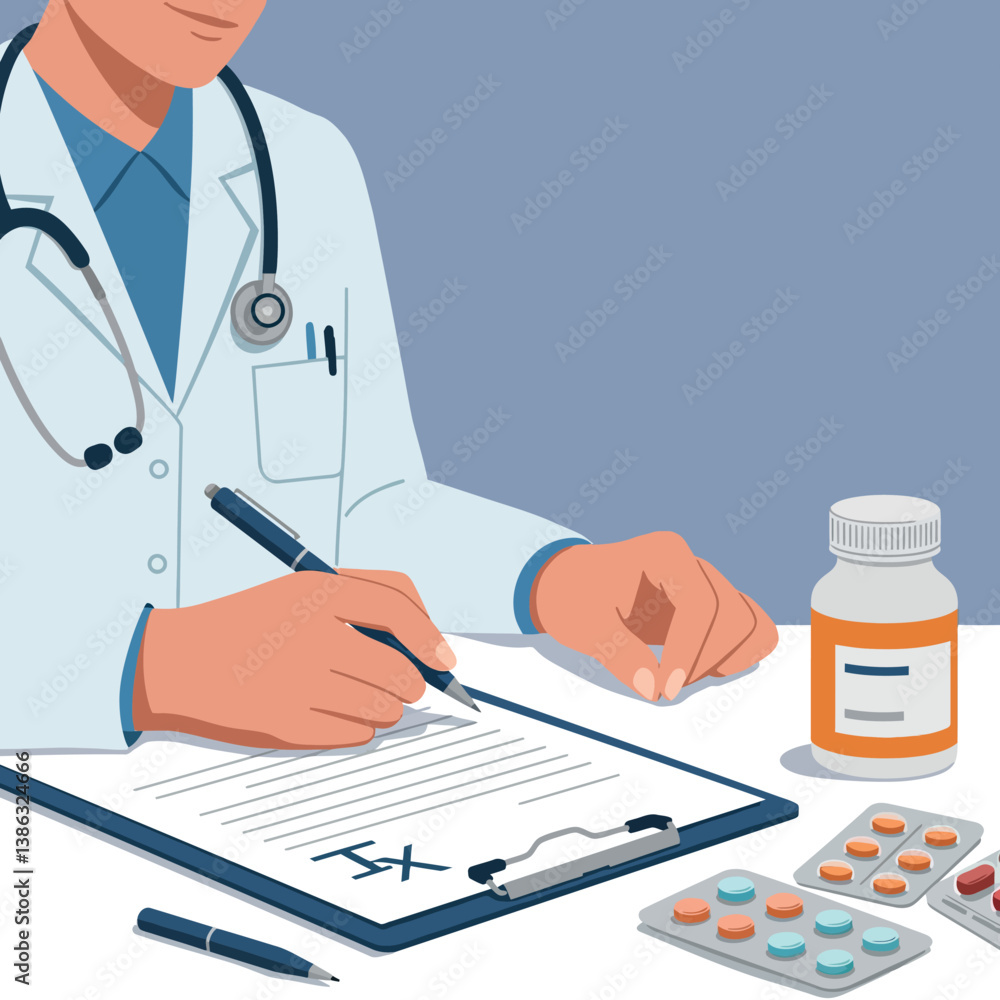 Doctor writing a prescription on a clipboard with medication bottles in a flat vector illustration Doctor writing a prescription on a clipboard with medication bottles in a flat vector illustration