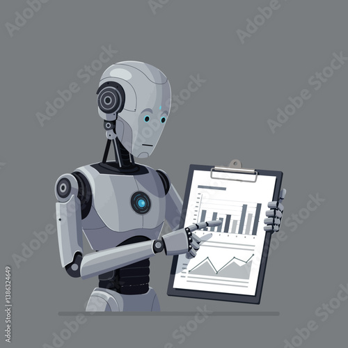 Robot presenting data analysis with charts in a minimal flat design vector illustration