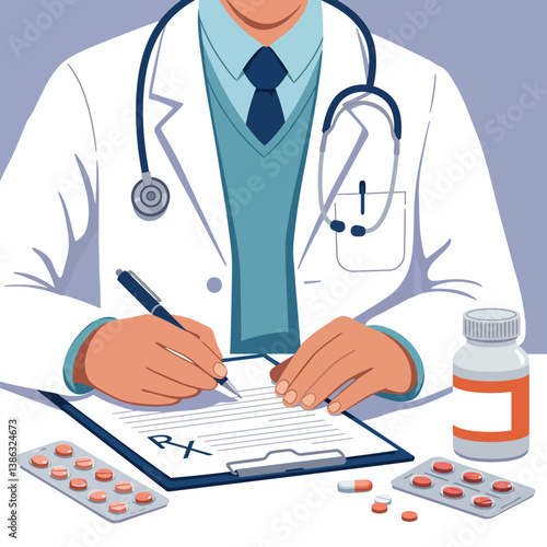 Doctor in a white coat writing a prescription with a pen in a flat vector art style
