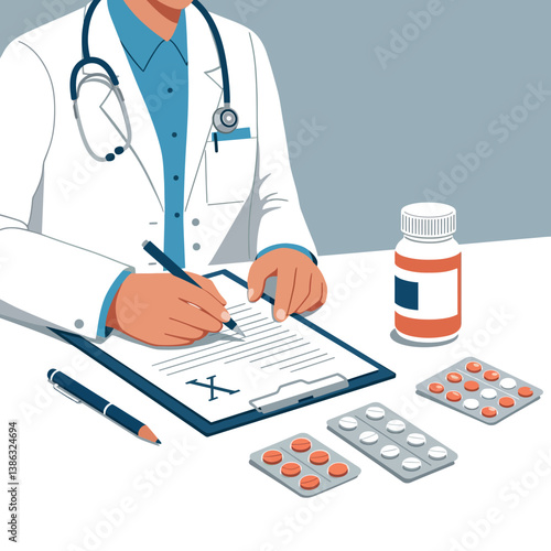Doctor in a white coat writing a prescription with pills in flat vector art