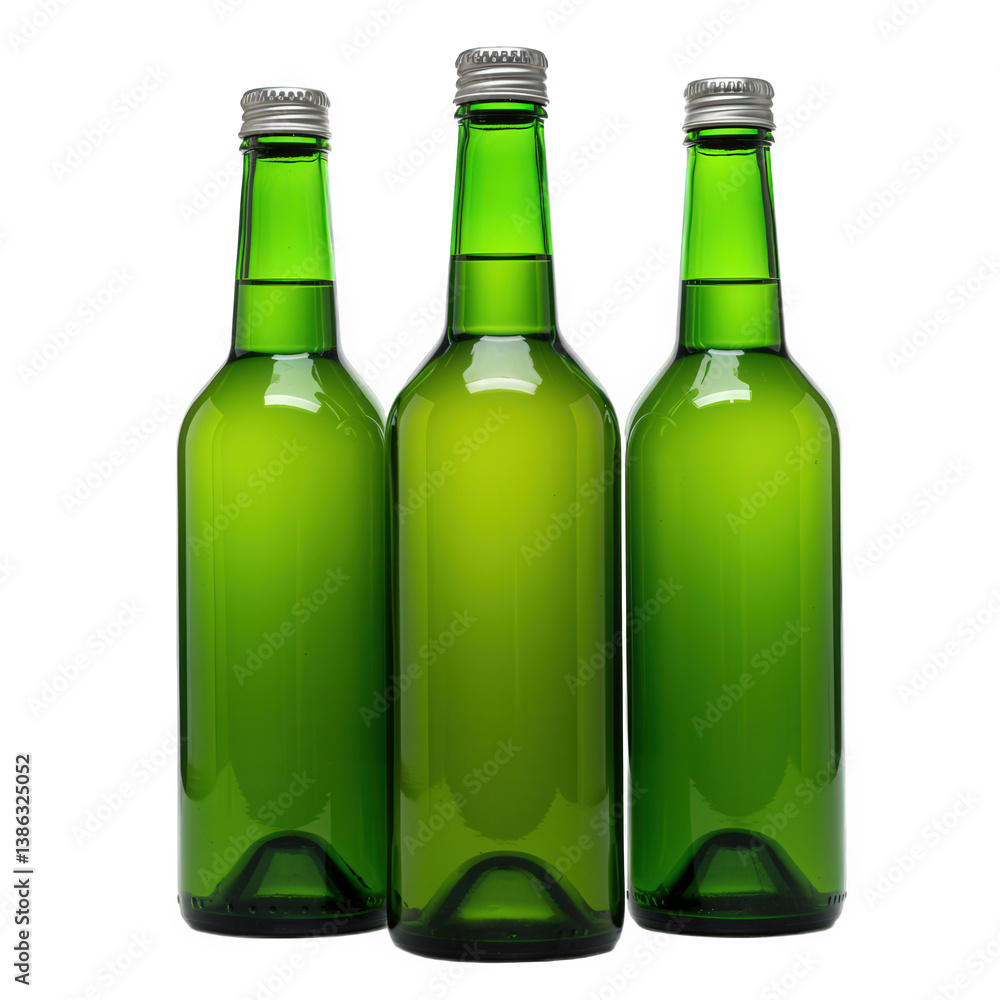 Trio of Green Glass Bottles with Silver Caps. Trio of Green Glass Bottles with Silver Caps.