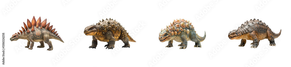 Four diverse dinosaurs: stegosaurus, ankylosaurus, nodosaurs variants displayed. Set png cut out Four diverse dinosaurs: stegosaurus, ankylosaurus, nodosaurs variants displayed. Set png cut out