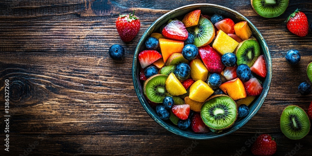 bowl of colorful fruit salad with strawberries, blueberries and other fruits on a wooden table bowl of colorful fruit salad with strawberries, blueberries and other fruits on a wooden table