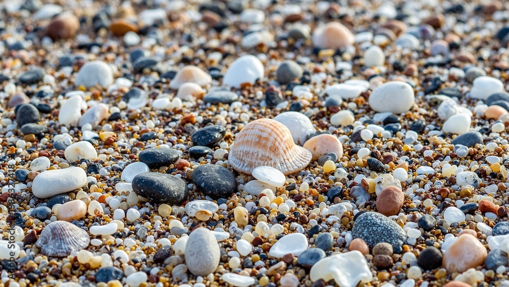 Vibrant seashells and pebbles create a stunning textured beach scene perfect for coastal themed designs