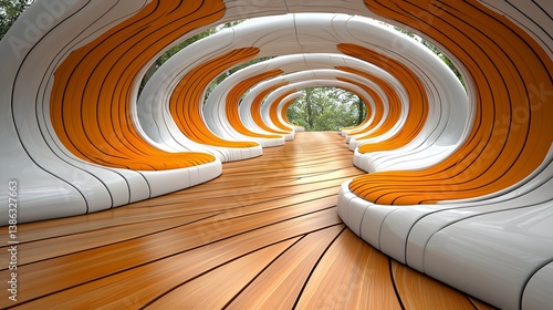 Fototapeta Naklejka Na Ścianę i Meble -  Abstract Swirling Tunnel with Orange and White Organic Forms