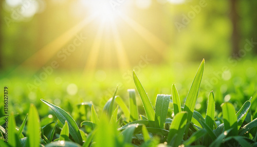Fresh green grass illuminated by sunlight in a tranquil setting, Smell of fresh grass, Lawn mowing  