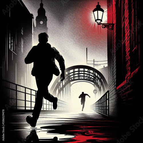 Escape Through the Harbor District – A silhouette runs in panic through a dark alley in the harbor district, pursued by a mysterious figure. Pure suspense!