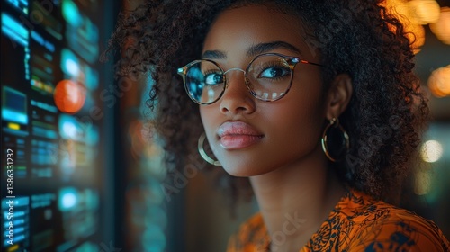 Focused young woman with glasses looking at a screen.