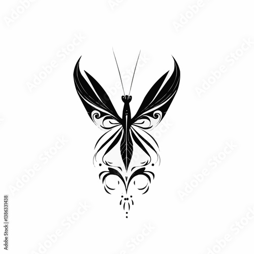 Contemporary Stylized Praying Mantis, Ornate Black and White
