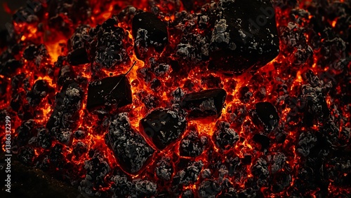 Vivid close up of fiery embers and charcoal contrasting reds and oranges against black ash creating a dramatic backdrop