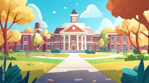 Back to school scene with school building and campus elements in animated vector style for Teacher Day.