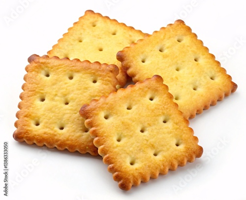 Four Square Crackers with Scalloped Edges and Golden Texture Showcased in Overlapping Arrangement Perfect for Culinary and Snack Representation