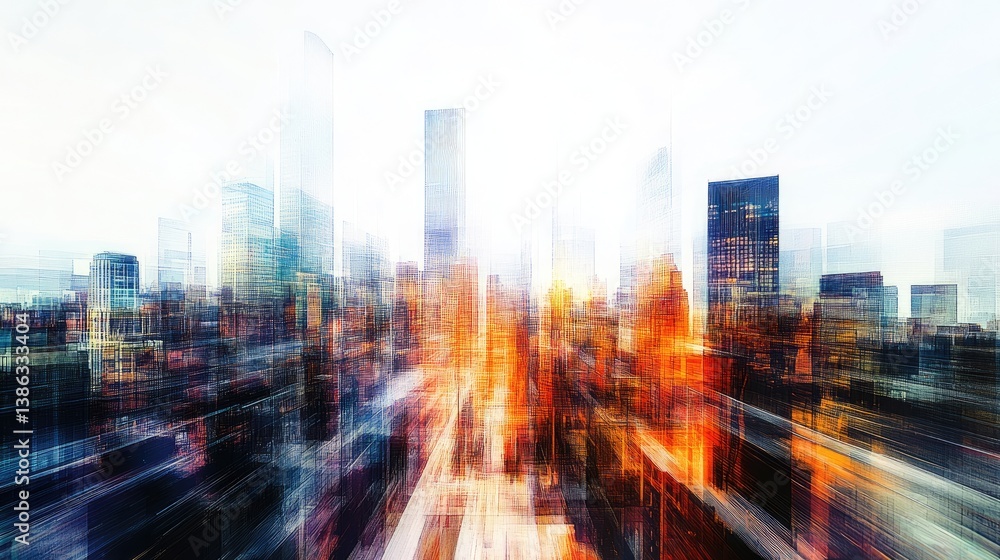 Abstract cityscape with glowing orange and yellow highlights blended into modern architecture. Motion blur and high contrast emphasize a futuristic urban skyline. Generative AI Abstract cityscape with glowing orange and yellow highlights blended into modern architecture. Motion blur and high contrast emphasize a futuristic urban skyline. Generative AI