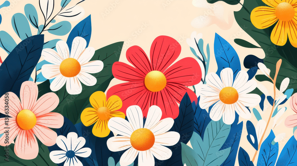 Obraz premium Stylized flat illustration of colorful spring flowers with daisy-like shapes and vibrant petals in red, white, yellow