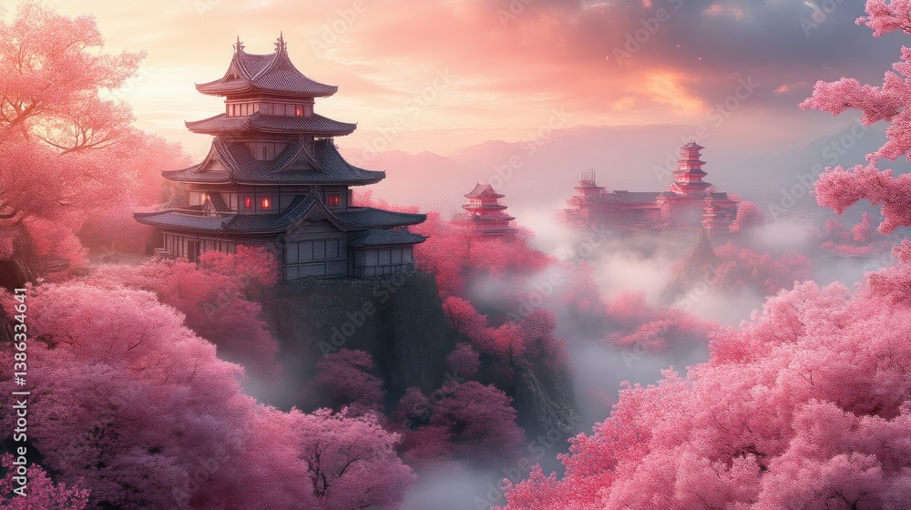 Enchanting Traditional Architecture Amidst Blossoming Trees and Misty Landscape Enchanting Traditional Architecture Amidst Blossoming Trees and Misty Landscape
