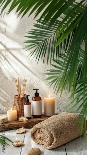 Tranquil spa setup featuring candles, natural products, and green palm leaves in a serene atmosphere