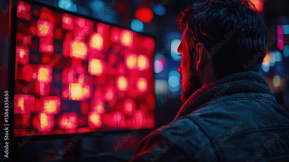 Cyberpunk Night: Man Observes Data Stream on Screen Cyberpunk Night: Man Observes Data Stream on Screen
