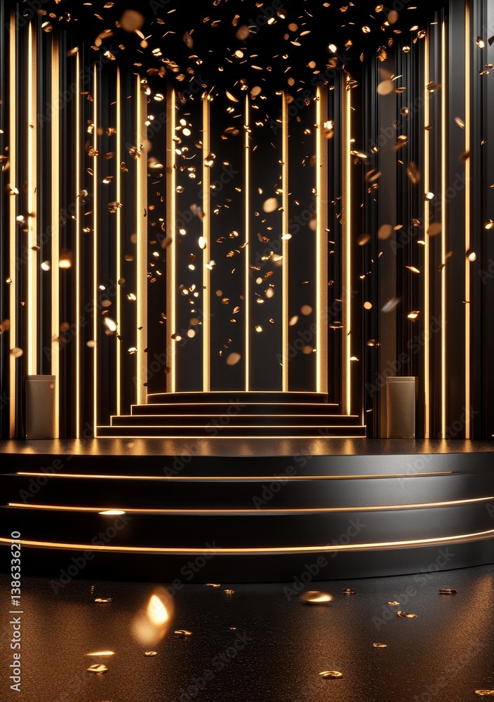 Obraz premium Elegant Golden Stage Set in Studio with Modern Lighting: Luxurious Celebration Backdrop for Festive Events and Professional Presentations
