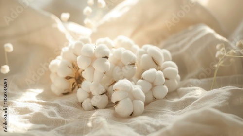 Soft cotton bolls on textured fabric in warm sunlight.