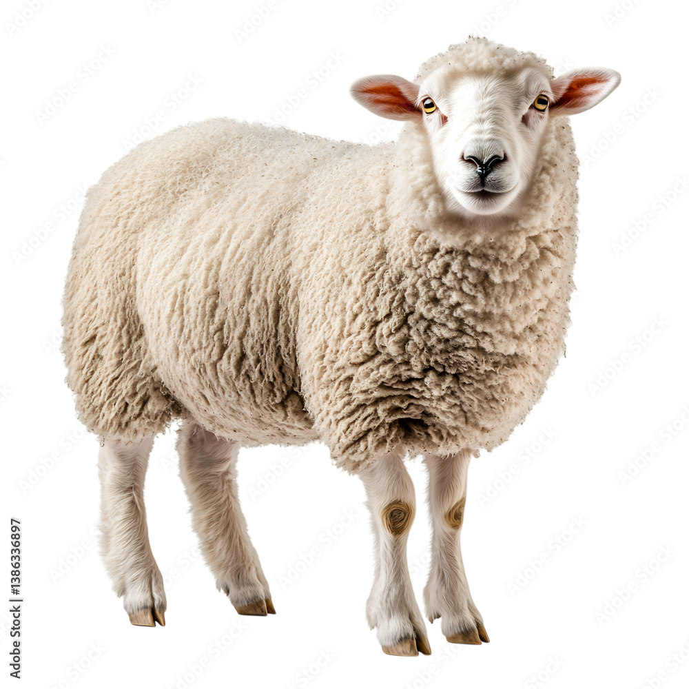 Fototapeta premium Charming Sheep Standing Calmly Wool Fluffy Isolated on Transparent Background