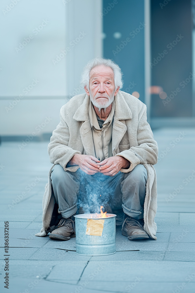 A man sits on the ground next to a small fire