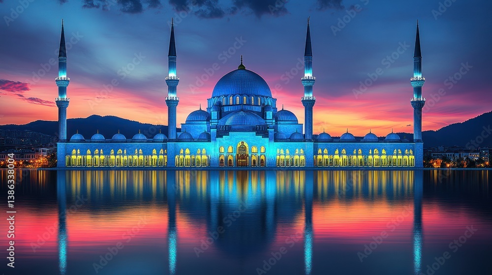 Fototapeta premium Majestic Mosque at Sunset: A Serene Reflection