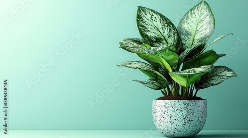 Serene Aglaonema Plant in a Speckled Pot Against a Mint Green Wall