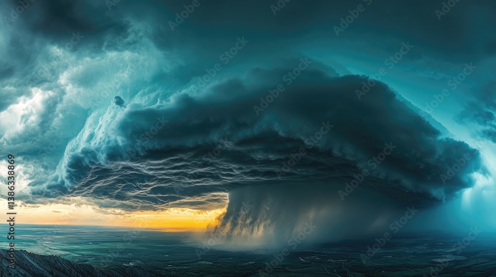Fototapeta premium Intense thunderstorm over dark, barren landscape with heavy rain bolts of lightning illuminating cloudy sky. The dramatic scene captures raw power and atmosphere of nature in turmoil. Generative AI